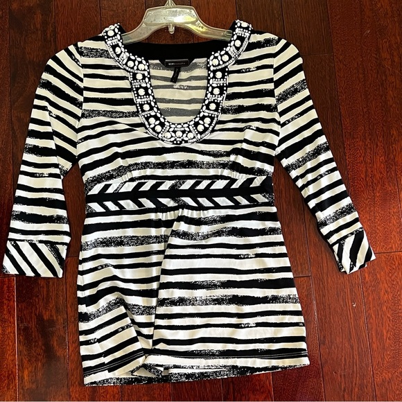 BCBGMaxAzria Black and White Striped Blouse with Beaded Neckline - Picture 2 of 4